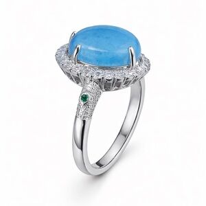 New Stunning Sky Aquamarine Oval Cabochon Halo Ring Statement Cocktail Ring Sz 7